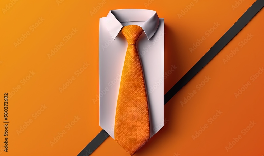 Poster an orange tie and a white shirt on an orange background with a black stripe on the left side of the 