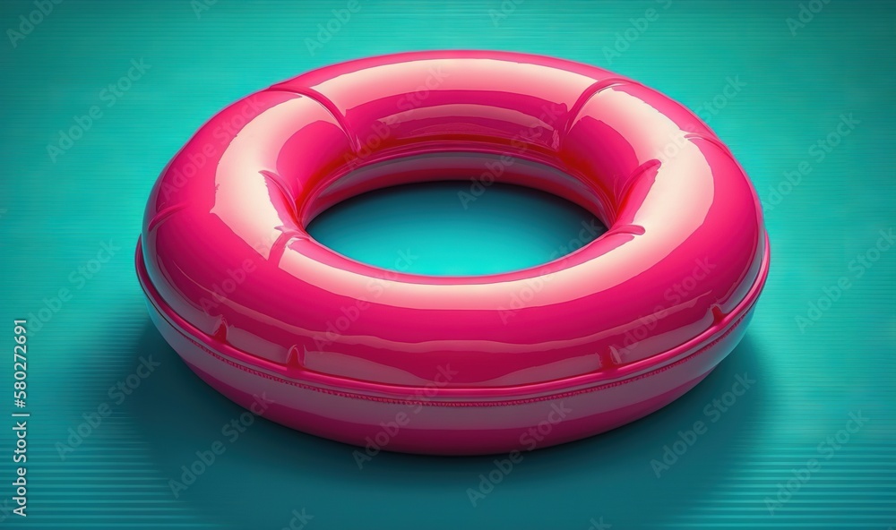 Poster a pink inflatable swimming ring on a blue surface with a shadow on the ground below it and a blue ba