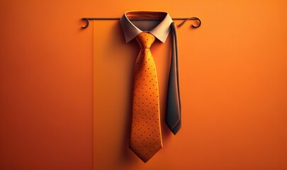  a yellow neck tie hanging on a metal hook on an orange wall next to a white shirt and black tie on a hanger on an orange wall.  generative ai