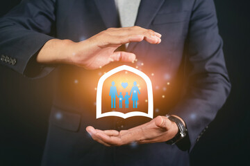 Businessman holding healthy family symbol. Family protection health insurance symbol and support to keep safe