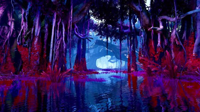 Mangrove Tropical Trees Covered With Vines And Loaches. Animation On The Theme Of Nature And Fairy Tales, Plants And Landscapes, Climate And Adventure.