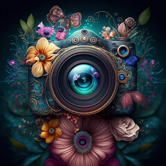 Beautiful Flower Camera Illustration Background, stylized beautiful art flowers Camera and background