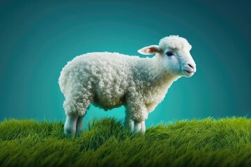 Obraz premium Newborn white sheep grazing on green grass in the field. A blue backdrop. Concept of Eid al Adha. Generative AI