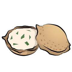 Hand drawn Thai dessert, Khanom Thai, Khanom Khrok, Thai coconut pudding with parsley, illustration, drawing, outline drawing

