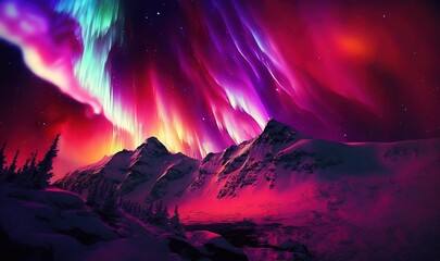  a colorful aurora bore over a snowy mountain range in the night sky with stars and aurora lights above the mountain range in the night sky.  generative ai