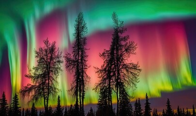 the aurora bore is seen in the sky above some trees and a forest with a lot of green and red lights in the sky above.  generative ai