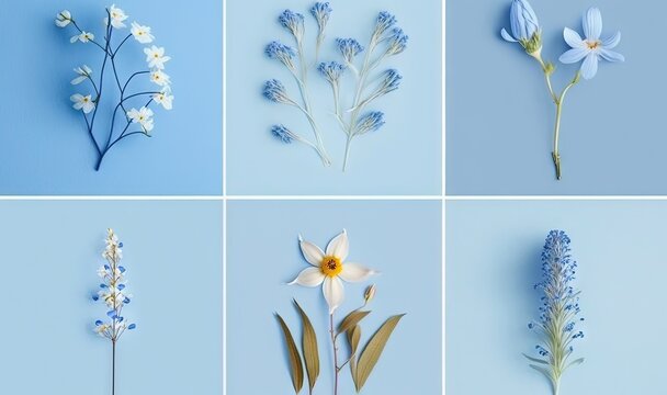  four different types of flowers on a blue background, each with a single flower in the middle of the picture and the second with a single flower in the middle.  generative ai