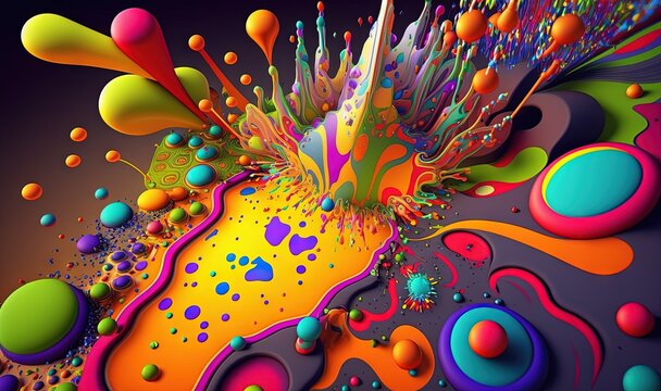  a colorful abstract painting with lots of bubbles and colors on a purple background with a black background and a black background with a white border.  generative ai