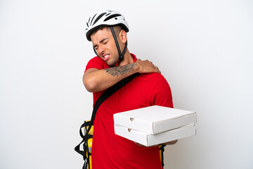Young Brazilian man with thermal backpack isolated on white background suffering from pain in...