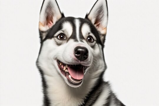 Isolated on a white background is a portrait of a young, lovely husky dog sticking its tongue out. Domesticated dog breed with a lopsided grin and erect ears. No more copy space; close up. Generative