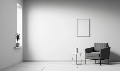  a chair and a table in a room with a picture frame on the wall and a plant in a vase on the floor next to the chair.  generative ai