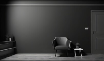  a black and white photo of a chair in a dark room with a black door and a white table with a lamp on top of it.  generative ai