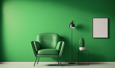  a green room with a chair and a plant on a table and a lamp on a stand in front of a green wall with a picture frame.  generative ai