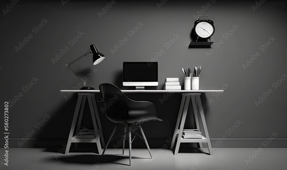 Poster a desk with a chair and a clock on the wall above it and a laptop on the desk with a lamp on it and 