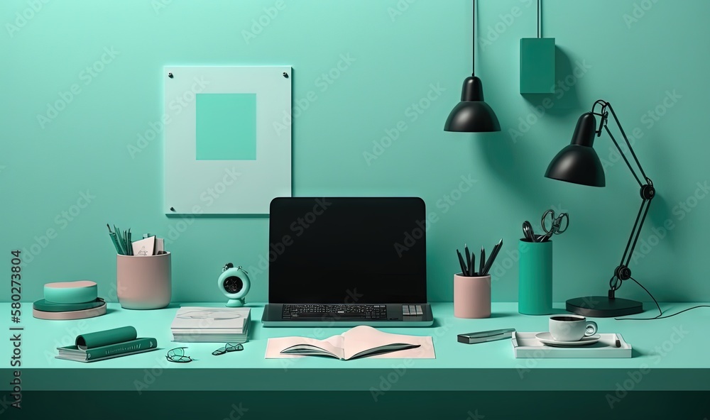 Poster a laptop computer sitting on top of a desk next to a lamp and a book on a desk next to a lamp and a 