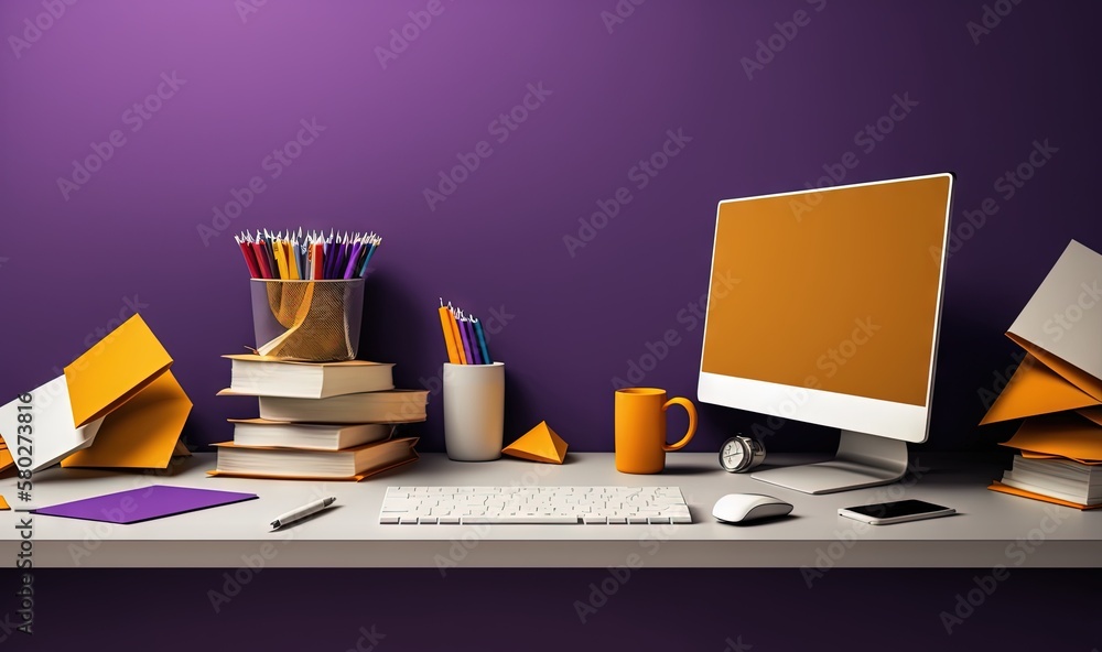 Poster a computer monitor sitting on top of a desk next to a pile of books and a cup of pencils next to a k
