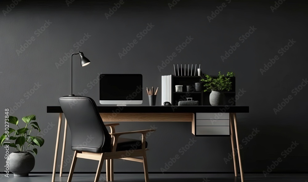 Poster a desk with a chair and a computer on it with a plant in the corner of the room next to the desk is 