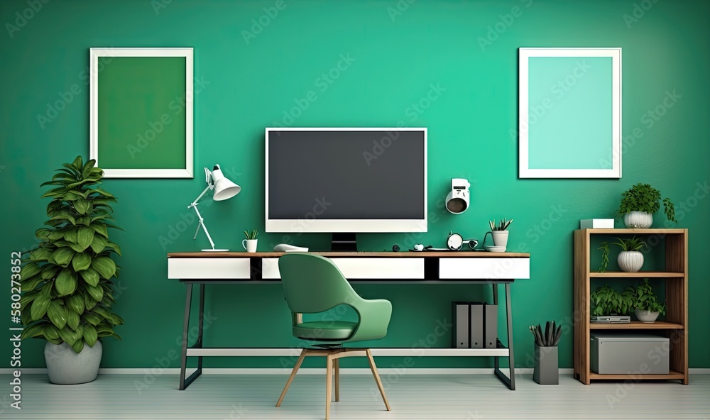 Poster a computer desk with a monitor and a chair in front of a green wall with two pictures on it and a po