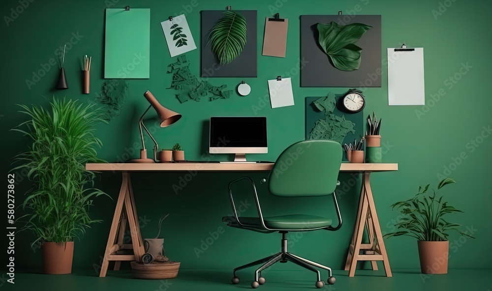 Poster a desk with a computer and a chair in front of a green wall with various plants and pictures on the 
