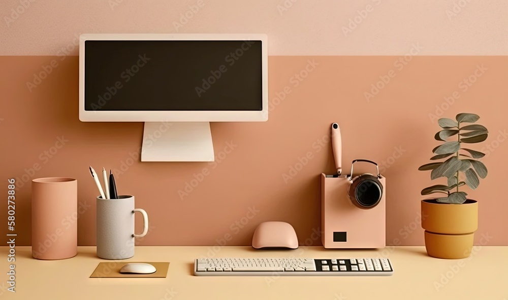 Poster a desk with a computer, keyboard, mouse and a plant on it with a pink wall in the background and a c