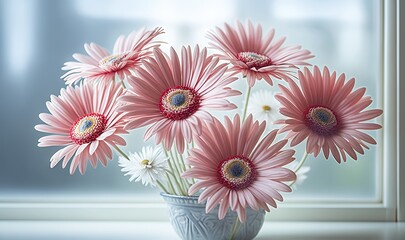  a painting of pink and white daisies in a vase on a window sill with a blue and white window sill in the background.  generative ai