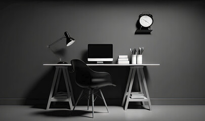  a desk with a chair and a clock on the wall above it and a laptop on the desk with a lamp on it and a lamp on the side of the wall.  generative ai