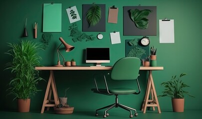  a desk with a computer and a chair in front of a green wall with various plants and pictures on the wall and a clock on the wall.  generative ai