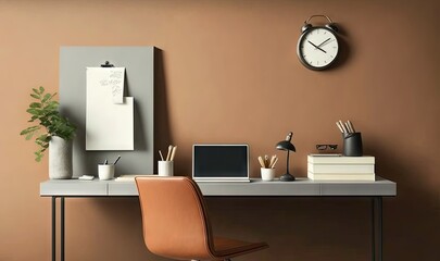  a desk with a clock, a laptop, a plant, and a notepad on it in a room with a brown wall and a chair.  generative ai