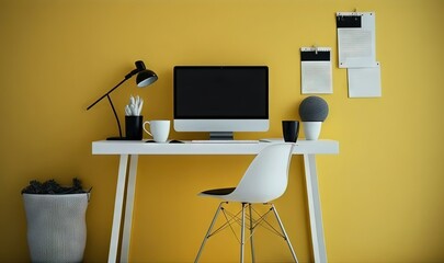  a desk with a computer and a chair in front of a wall with a yellow wall and a yellow wall behind the desk is a black and white chair.  generative ai