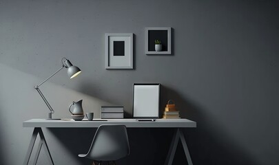  a desk with a chair, lamp and pictures on the wall above it in a dark room with a chair and a table with a lamp on it.  generative ai