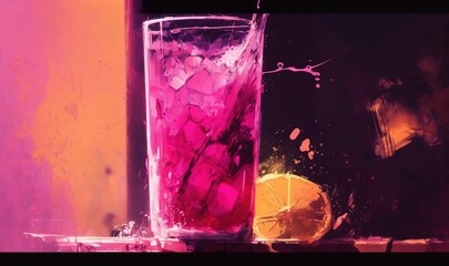  a glass filled with ice and a slice of lemon sitting next to it on a window sill next to a window sill with a purple and yellow background.  generative ai