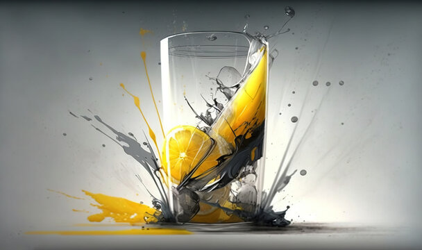  a glass filled with liquid and a lemon slice on top of it with splashes of paint on the bottom of the glass and the bottom of the glass.  generative ai