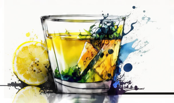  a painting of a glass of lemonade with a slice of lemon on the side of the glass and a half of the glass with a lemon on the side.  generative ai