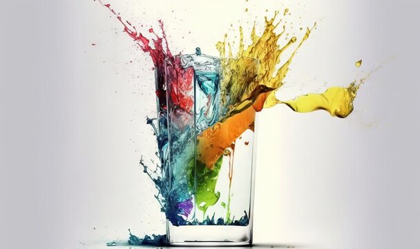  a glass filled with colorful liquid and splashing paint on the side of the glass is a rainbow colored liquid splashing out of the top of the glass.  generative ai