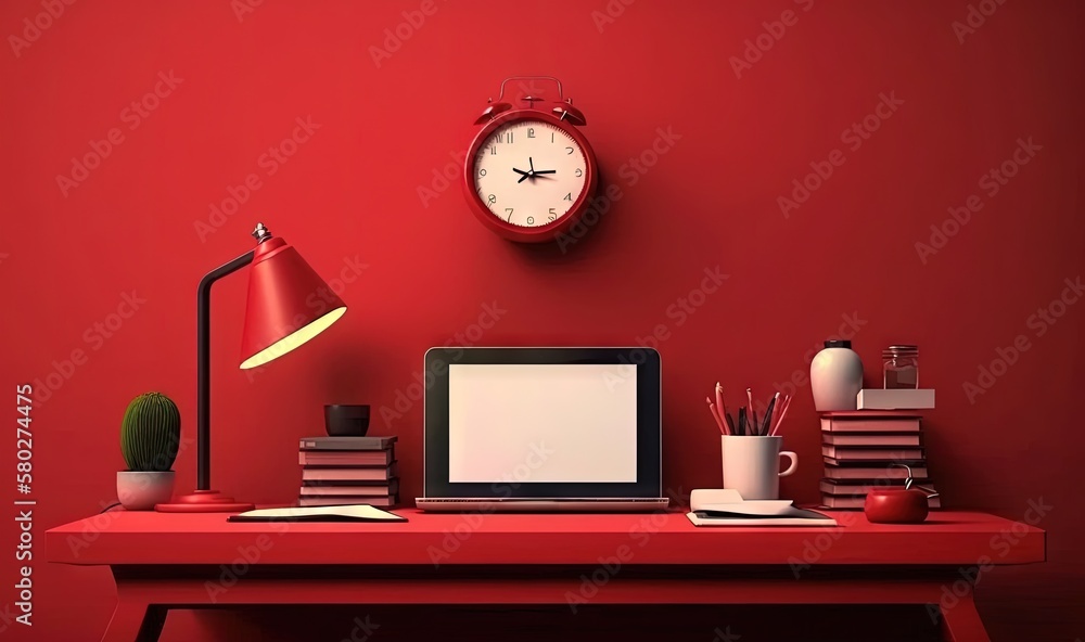 Poster a red desk with a computer and a red clock on the wall above it and a cactus and other office suppli