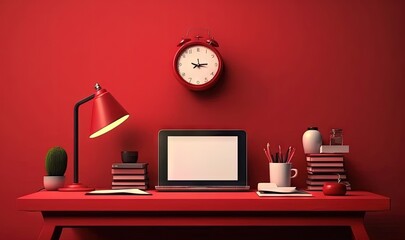  a red desk with a computer and a red clock on the wall above it and a cactus and other office supplies on the desk next to it.  generative ai