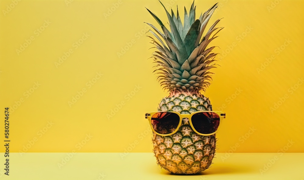Poster a pineapple wearing sunglasses on a yellow background with a yellow background and a yellow backgrou