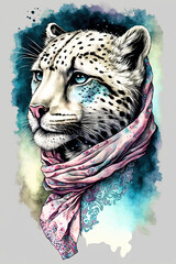 Snow Leopard wearing Bandana, Psychedelic Illustration. Generative AI