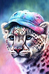 Snow Leopard wearing Baseball cap, Psychedelic Illustration. Generative AI