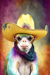 Squirrel Monkey wearing Cowboy hat, Psychedelic Illustration. Generative AI