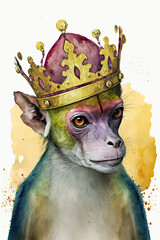 Squirrel Monkey wearing crown, Psychedelic Illustration. Generative AI