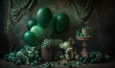  a painting of green balloons, a cake, and a small elephant in a pot with a cake on a pedestal in front of a curtain.  generative ai