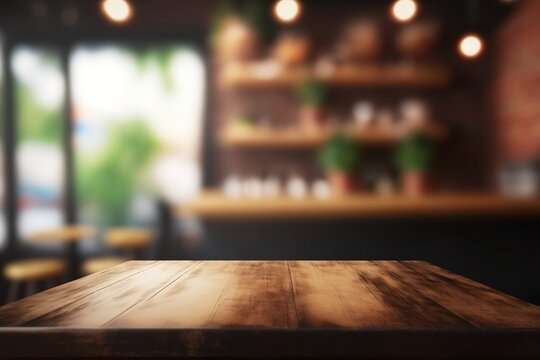 Blurred Coffee Shop Background. Space table for product in classic Restaurant Lifestyle.