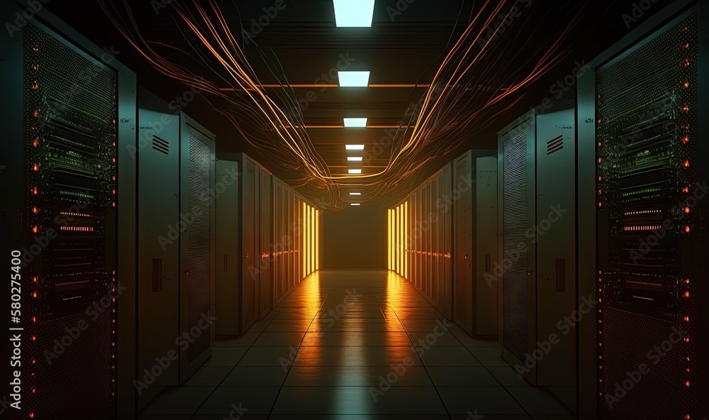 Poster a long hallway with rows of servers in the middle of it and lights on either side of the hallway and