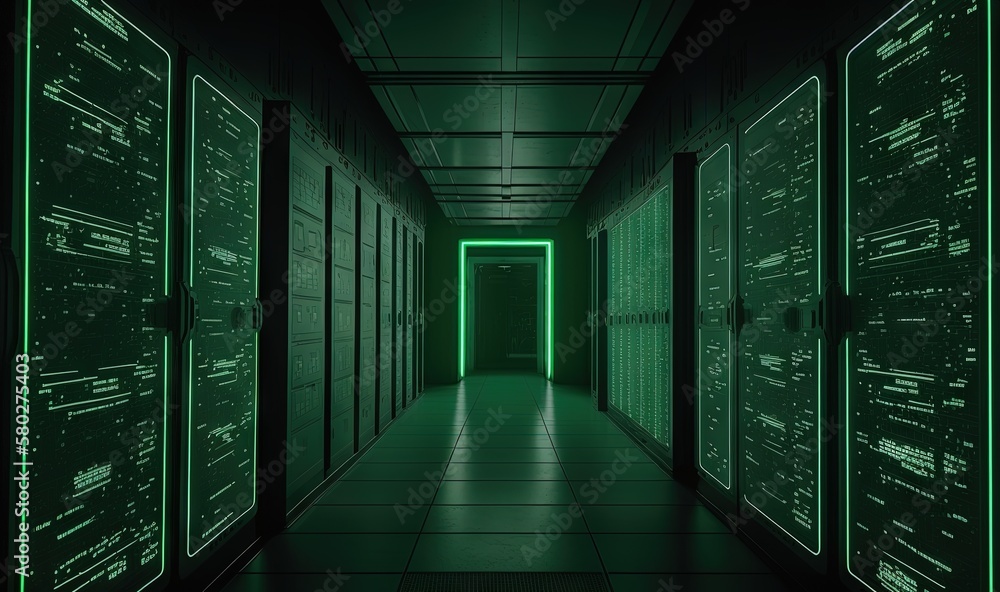 Poster a long hallway with a green light at the end of the hallway is lit up by green light from the ceilin