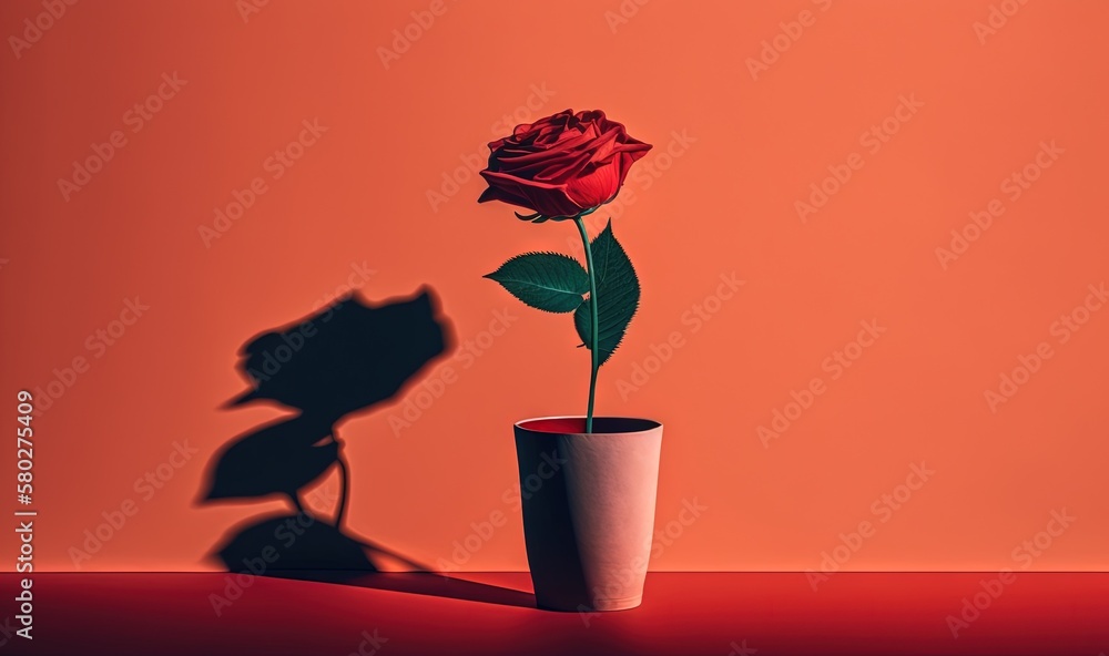 Poster a single red rose in a white vase on a red table with a shadow of a rose on the wall behind it and a