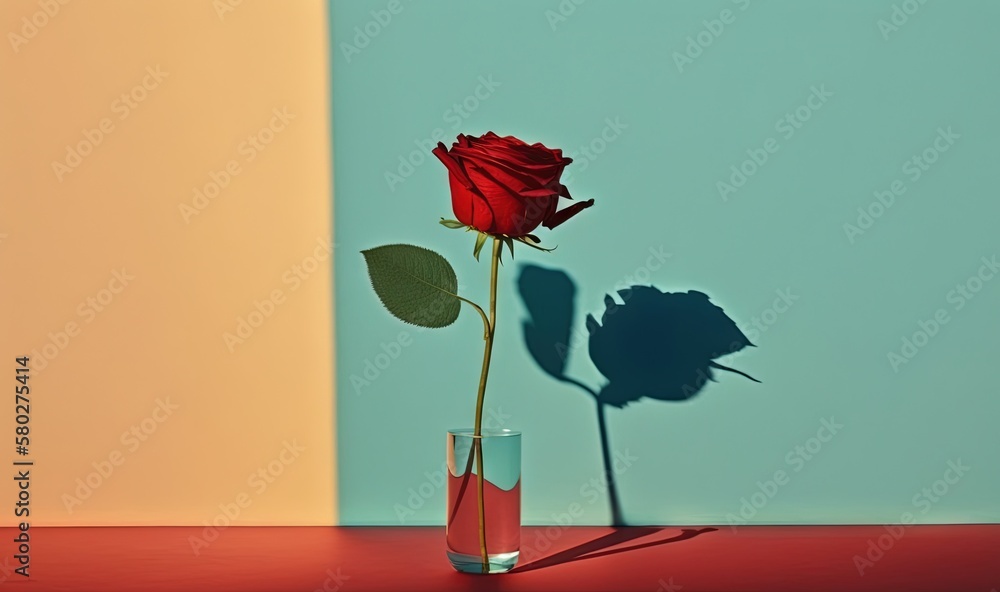 Poster a single red rose in a vase with a shadow on the wall in the background of the image is a blue wall 