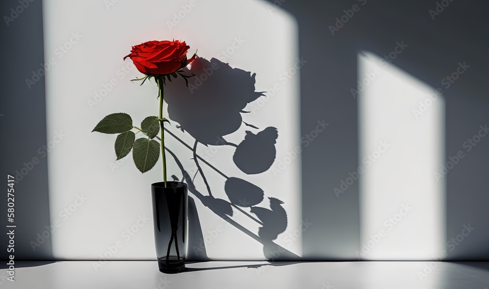 Poster a single red rose in a black vase on a white surface with long shadows on the wall behind it and the