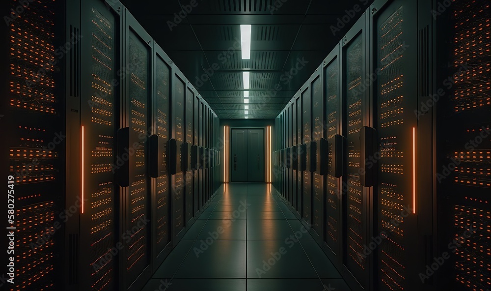 Poster a long hallway with rows of servers in a data center with bright lights on the ceiling and flooring 