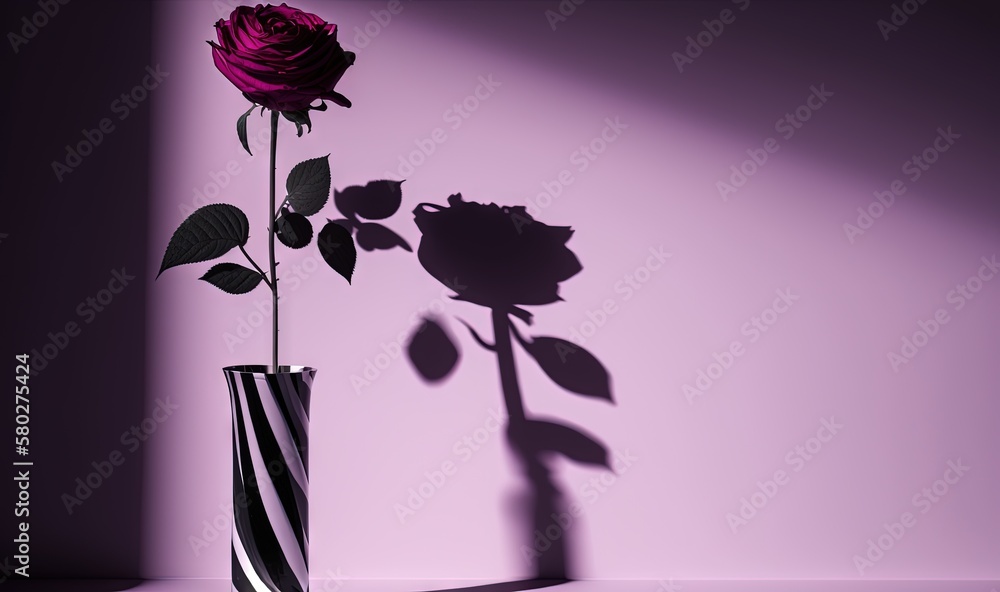 Poster a single rose in a vase with a shadow on the wall behind it and a striped vase with a single rose in